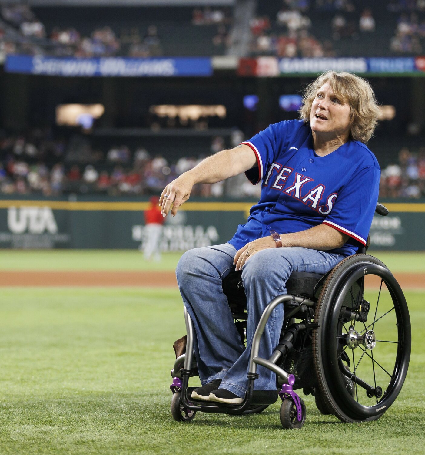 Jeanne fired the first pitch to the plate at the Texas Rangers vs California Angels June 14 evening game.